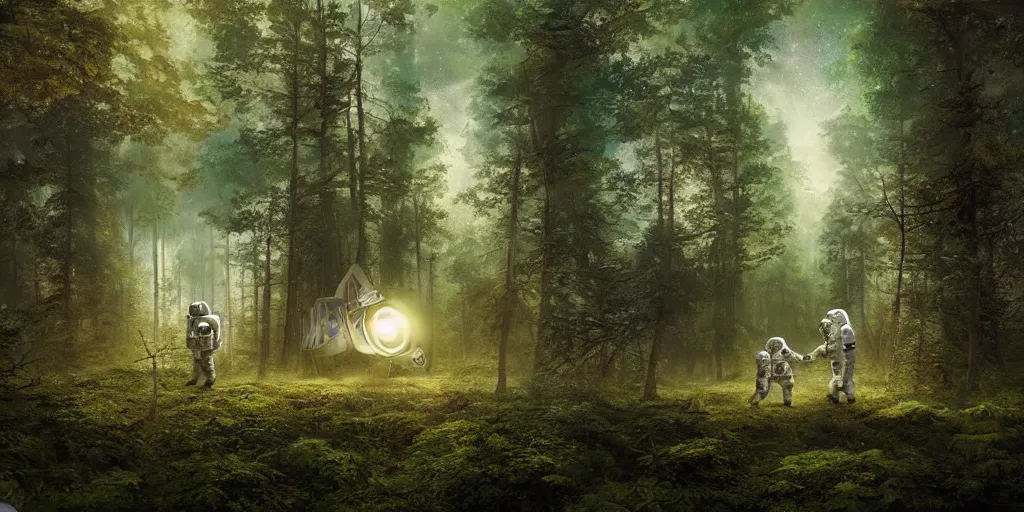 Image similar to an astronaut and a space ship in a forest, a detailed matte painting by frieke janssens, featured on cgsociety, space art, matte painting, matte drawing