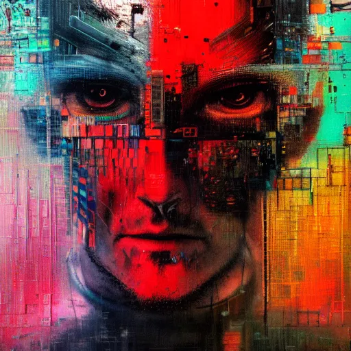 Prompt: hyperrealistic portrait of a cyberpunk man in cyberspace, by Guy Denning, Johannes Itten, Russ Mills, hacking effects, detailed lines, color blocking!, acrylic on canvas, detailed eyes, insane detail, intricate, front view, symmetrical, octane, concept art, abstract, artistic, 8k, cinematic, trending on artstation