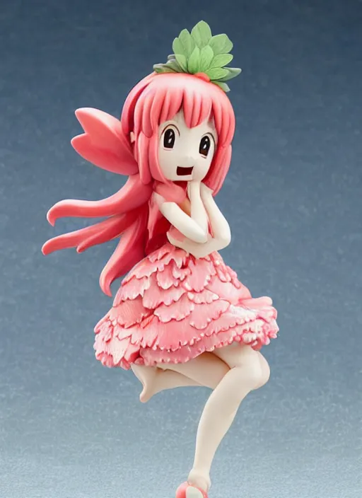 Image similar to a femo figurine of a cute funny strawberry fairy with a frilly floral dress featured on yotsubato by hayao miyazaki, pastels, wide angle, dynamic dancing pose, 🎀 🍓 🧚