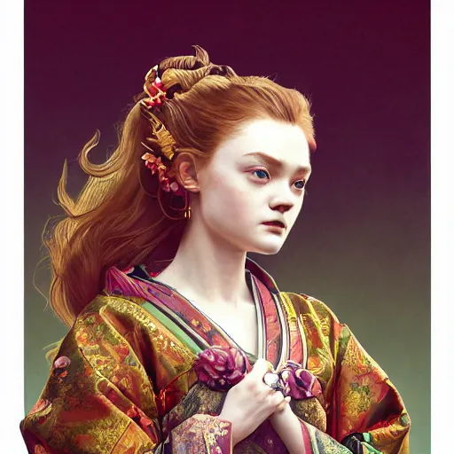 Image similar to a photorealistic dramatic fantasy render of a beautiful woman sadie sink wearing a beautiful intricately detailed japanese monkey kitsune mask and clasical japanese kimono by wlop, artgerm, greg rutkowski, alphonse mucha, epic, beautiful dynamic dramatic dark moody lighting, shadows, cinematic atmosphere, artstation, concept design art, octane render, 8 k