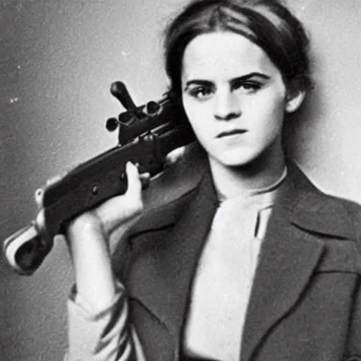 Image similar to photograph of soviet chekist comrade emma watson, posing in a long leather coat with a mauser c 9 6, vintage revolution photograph, famous photo