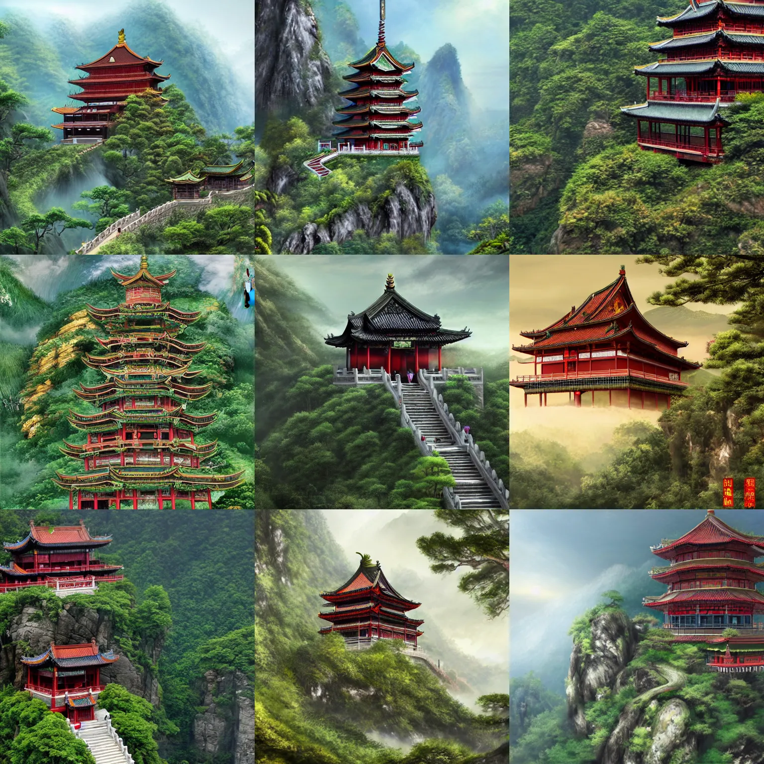 Prompt: an epic chinese temple on a cliff, overlooking a dense green forest, art by ohrai, noriyoshi, trending on art station, fantasy