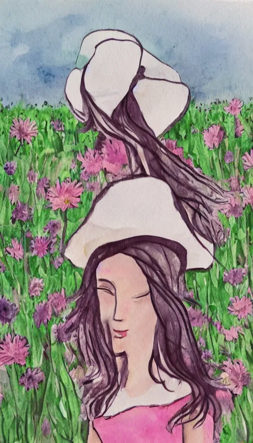 Prompt: an inkwash painting of a girl standing in a field of flowers holding onto her hat as the wind blows