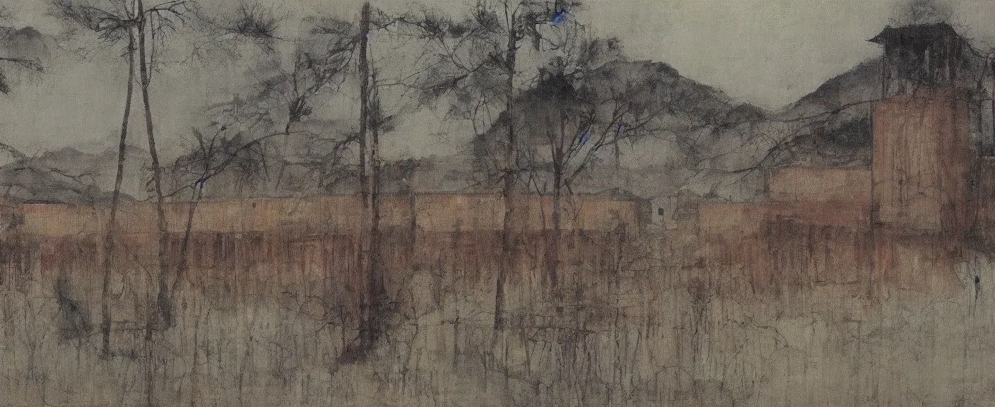 Image similar to a chinese prison near a river by peter doig, muted colors