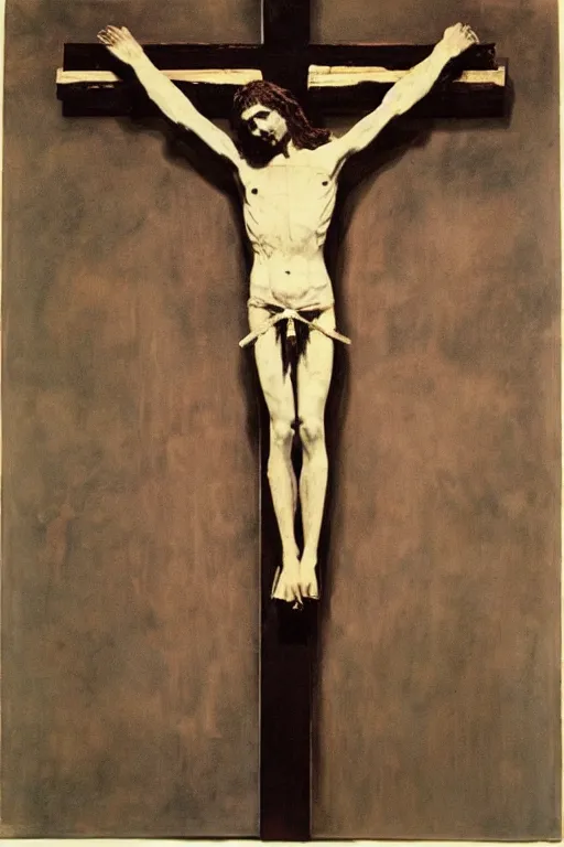 Image similar to jesus christ crucified painted by cy twombly and andy warhol