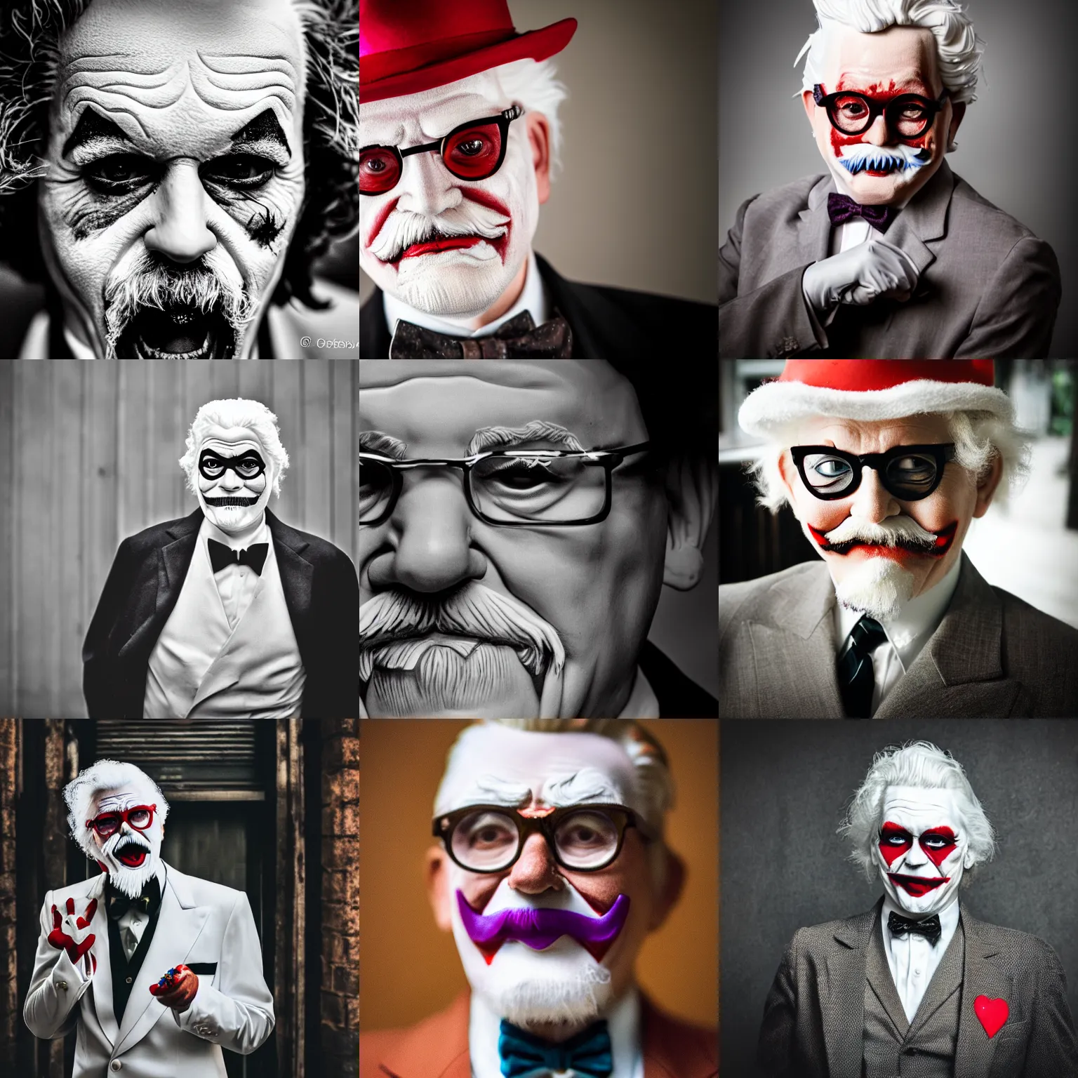 Prompt: portrait photography, Colonel Sanders, as the Joker, depth of field, bokeh