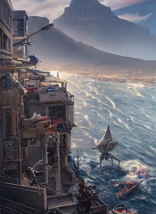 Image similar to hyper realistic robot attacking cape town city harbor beautiful details, strong composition, poster painted by greg rutkowski, james gurney and greg rutkowski weta studio, and lucasfilm and best of artstation