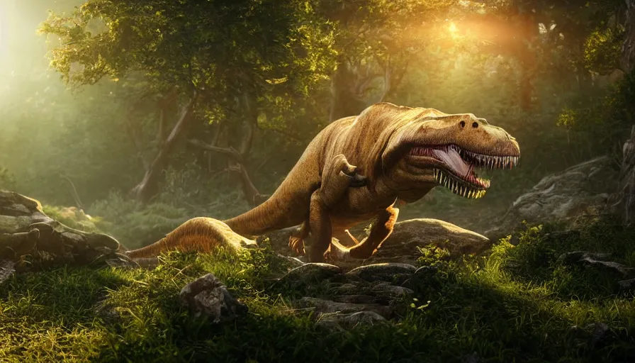 Prompt: hyper realistic highly detailed nature photography of a trex, tyrannosaurus rex, prehistoric planet, volumetric lighting, octane render, 4 k resolution, golden hour