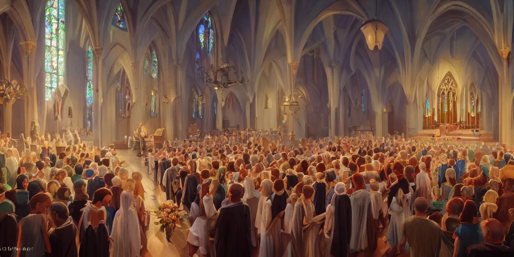 Prompt: a wedding at a church, close-up, extremely detailed oil painting, unreal 5 render, rhads, Bruce Pennington, Studio Ghibli, tim hildebrandt, digital art, octane render, beautiful composition, trending on artstation, award-winning photograph, masterpiece