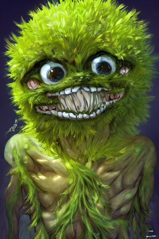 Prompt: a humanoid figure dandelion moss plant monster, large eyes and menacing smile, highly detailed, digital art, sharp focus, trending on art station, anime art style