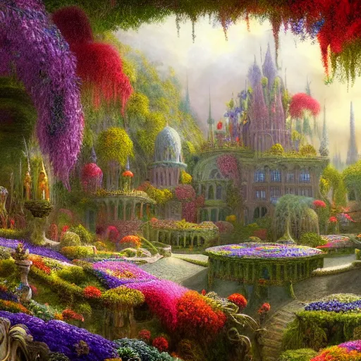 Prompt: a beautiful and highly detailed matte painting of a beautiful palace in a magical fantasy forest garden, colorful flowers, psychedelic style, epic scale, insanely complex, hyperdetailed, sharp focus, hyperrealism, artstation, cgsociety, 8 k, bright colors, by caspar friedrich, albert bierstadt, james gurney, brian froud,