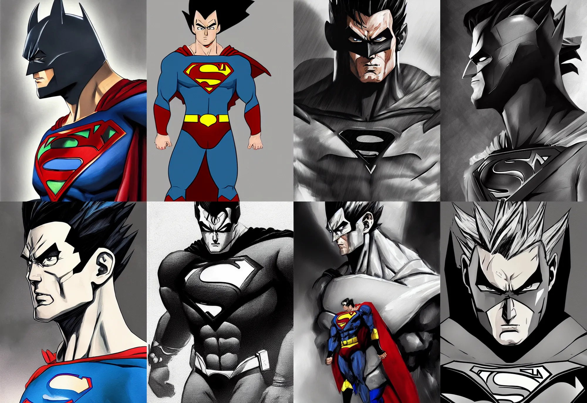 Prompt: realistic concept art portrait of a superman batman hybrid, with vegeta head hair, as overwatch character, by ashley wood, medium shot, asymmetrical, profile picture, organic painting, dramatic lighting, matte painting, bold shapes, hard edges, black and white only