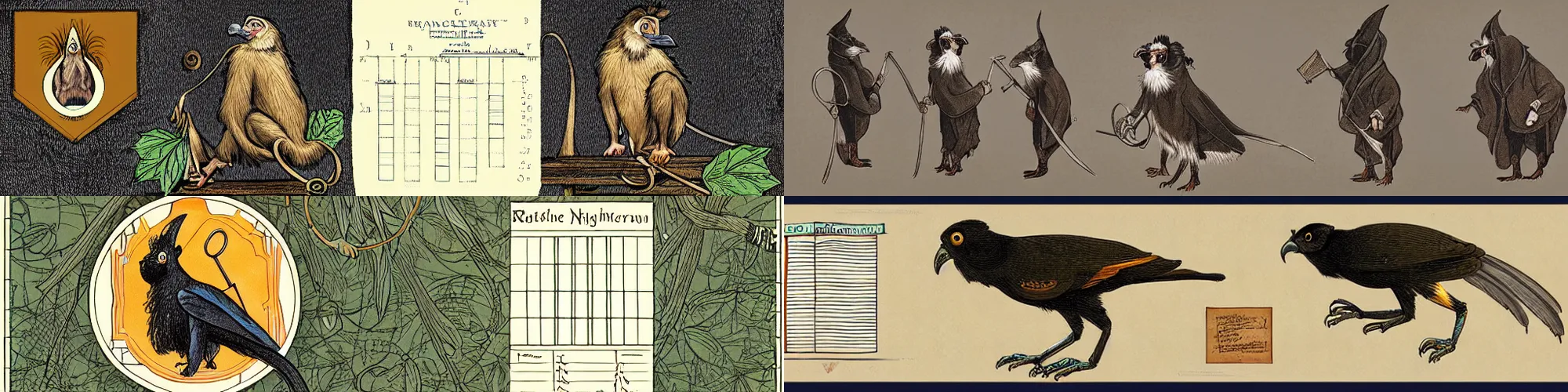 Prompt: character sheet of long - eared crow monkey wearing raincoat and using pitchfork, tonalist style, art nouveau illustration