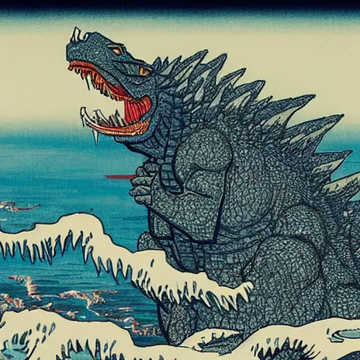 Image similar to Godzilla attacks Tokyo in the style of Hokusai