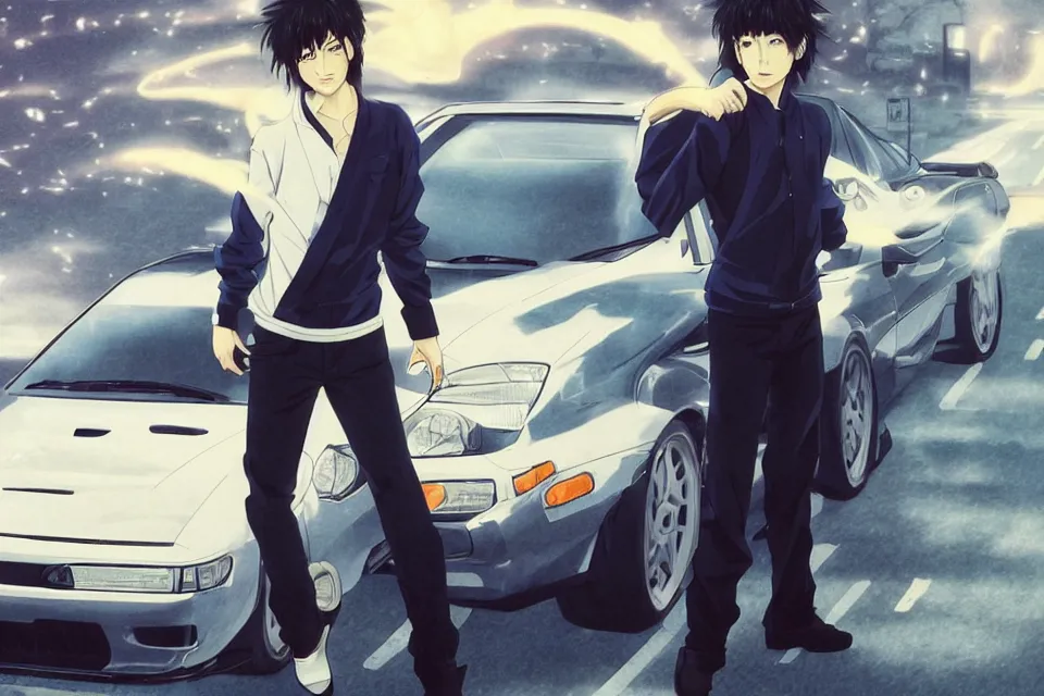 Image similar to aesthetic portrait illustration of ryosuke takahashi with black hair, dark blue shirt and white pants, standing by his white glossy mazda rx 7 on an empty highway at sunrise, cinematic lighting, initial d anime 1 0 8 0 p, 9 0 s anime aesthetic, volumetric lights, rule of thirds, unreal engine 5 render, pinterest wallpaper, trending on artstation