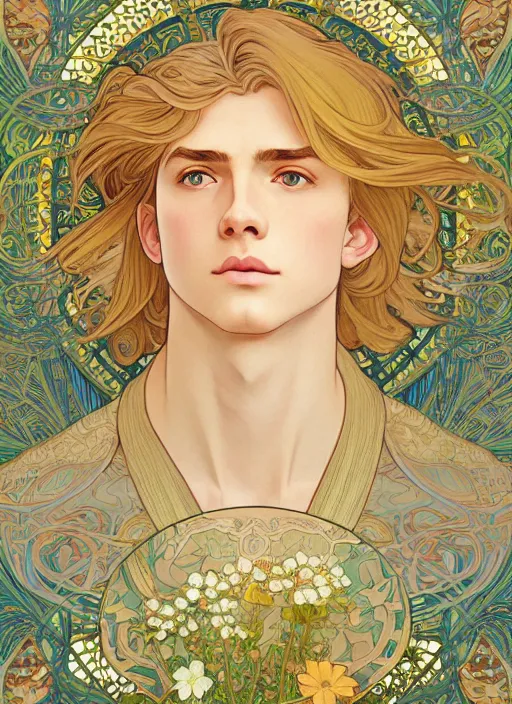 Image similar to pretty young man with shoulder length shiny shimmering golden blond hair, half body shot, emotional, decorative flower patterned background, path traced, highly detailed, high quality, digital painting, by studio ghibli and alphonse mucha, leesha hannigan, hidari, disney, jules bastien - lepage, art nouveau