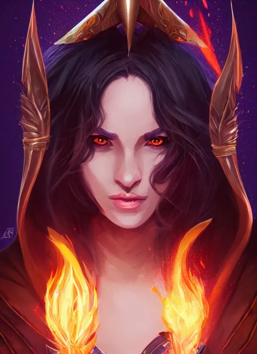 Image similar to portrait of a mix between wizard and rogue, female, shiny fire spell and dagger, leather robes, high fantasy, dnd, face details, extremely detailed, smooth, sharp focus, digital illustration, by artgem, rossdraws, sakimichan