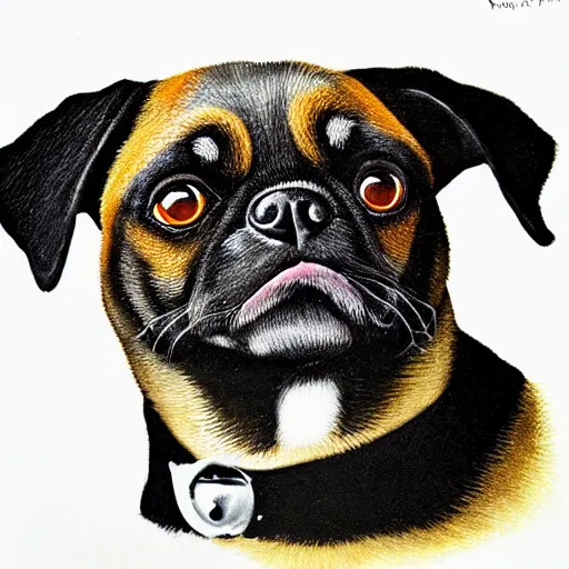 Image similar to portrait of black pugalier dog, by ken done