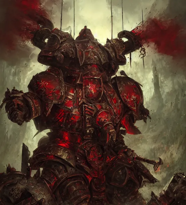 Image similar to battle scene portrait of armored heroes warhammer 4 0 k fight war fighting nurgle warrior, cesede, the chaos god of plague and decay, red chaos knight with cathedrals and columns, pestilence, champion, emperor, abbeys, elegant concept art by ruan jia