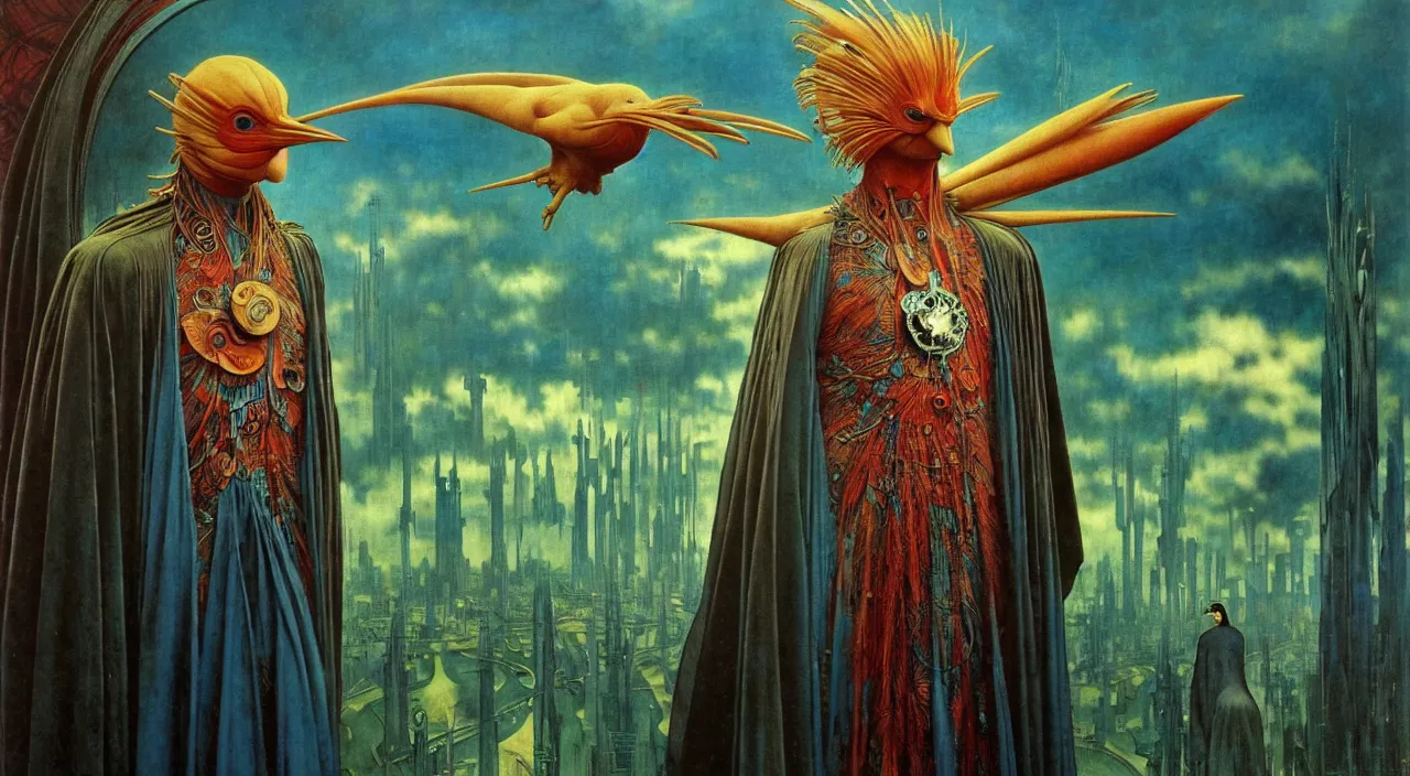 Image similar to realistic detailed portrait movie shot of a birdman wearing dark robes, sci fi city landscape background by denis villeneuve, amano, yves tanguy, alphonse mucha, ernst haeckel, max ernst, roger dean, masterpiece, rich moody colours, blue eyes, occult