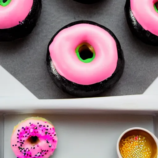 Image similar to a photo of a sushi doughnut with sprinkles and pink frosting