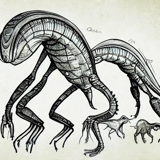 Prompt: a sketch of alien animals from another planet, found in the logbook of an explorer