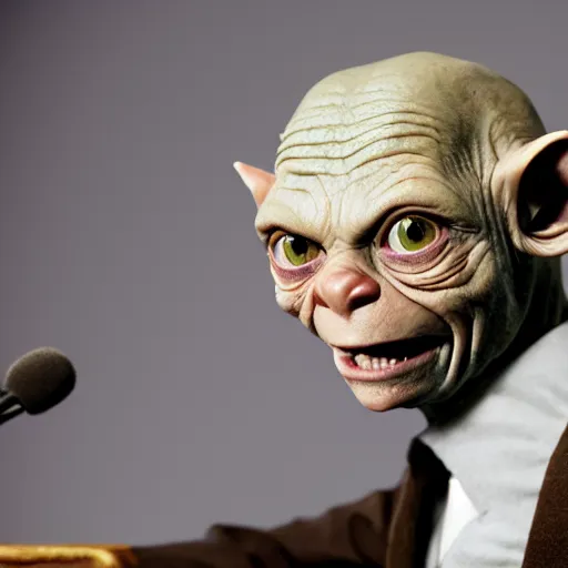 Image similar to photo of gollum from lord of the rings, wearing a suit, giving a presentation in a formal business meeting,