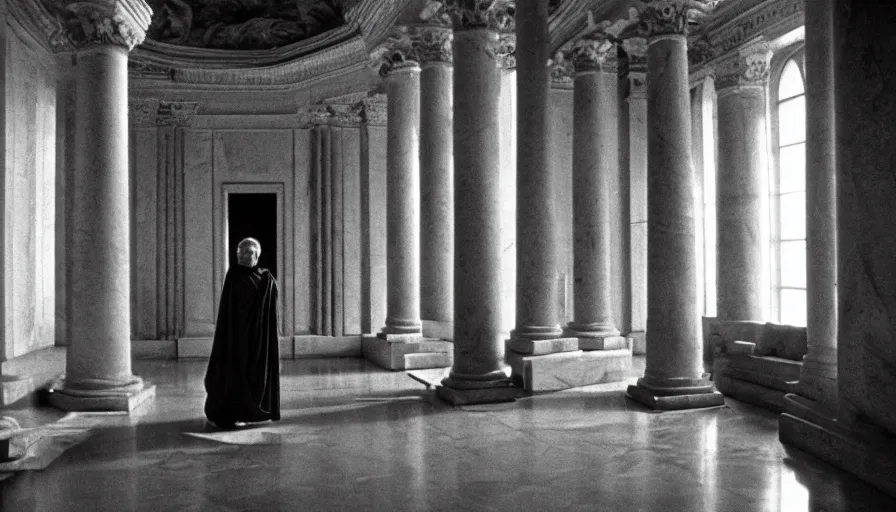 Prompt: 1 9 6 0 s movie still by tarkovsky of an elder socrates in dark drapery in a neoclassical marble temple, cinestill 8 0 0 t 3 5 mm b & w, high quality, heavy grain, high detail, panoramic, ultra wide lens, cinematic composition, dramatic light, anamorphic, piranesi style