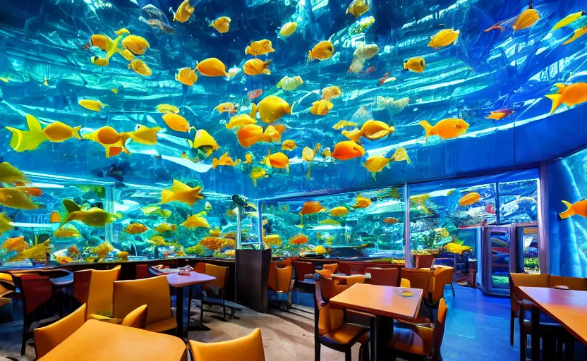 Image similar to inside a fastfood fish restaurant, fluorescent light, bright, atlantis theme, a big aquarium at the wall