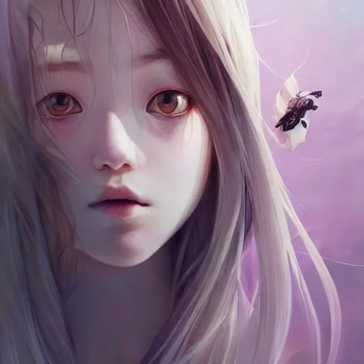 Image similar to Portrait 🍔💀 by Miho Hirano, Ross Tran and Ilya Kuvshinov, realistic, detailed, white, light pink tonalities, beautiful collage technique including flora, sea, wind, ornate sea background, beautiful Fantasy detailed trending on artstation, oil painting,Dramatic lighting, eterea , high quality print, fine art with subtle redshift rendering