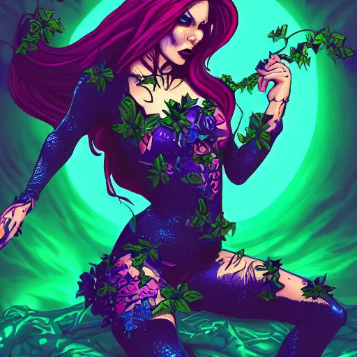 Image similar to the second coming of poison ivy as a goth girl, by dan mumford and ross tran, cosmic, heavenly, god rays, intricate detail, cinematic, 8 k, cel shaded, unreal engine, featured on artstation, pixiv