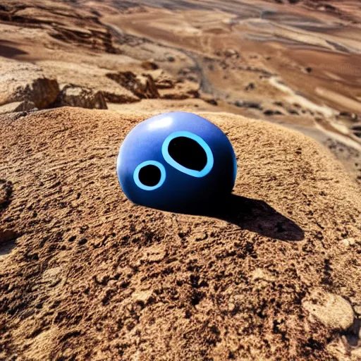 Image similar to a smooth stone that has 2 googly eyes. on a desert cliff with a blurry background.