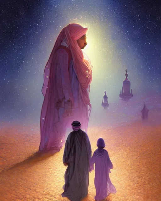 Image similar to bedouin man and woman and child in galaxy walking towards mosque surrounded by nebula, highly detailed, gold filigree, romantic storybook fantasy, soft cinematic lighting, award, disney concept art watercolor illustration by mandy jurgens and alphonse mucha and alena aenami, pastel color palette, featured on artstation