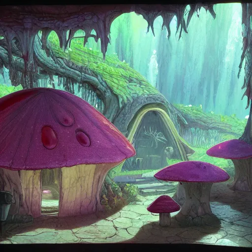 Image similar to concept art painting of a interior of an alien fantasy fungus house, realistic, detailed, cel shaded, magenta, dark, in the style of makoto shinkai and greg rutkowski and james gurney