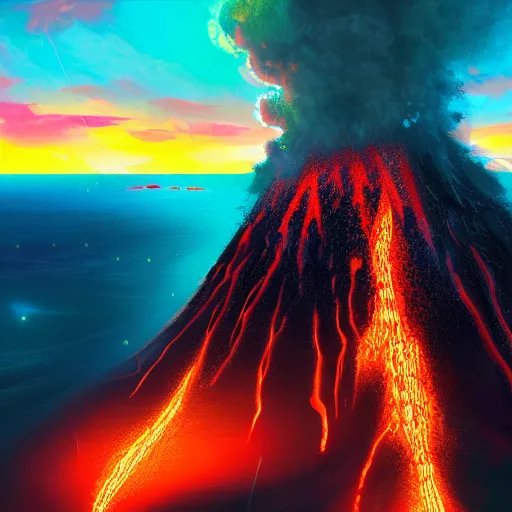Prompt: Detailed digital rendering and digital dynamic painting and painting of krakatoa eruption in indonesia and tsunami by Pascal Blanché and James Gurney, artstation, cgsociety, vibrant and vivid, smooth, soft, high contrast, HDR, 4k, stars, octane, hyperrealistic