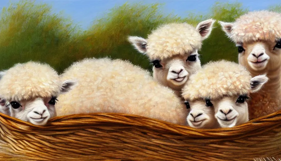 Image similar to highly detailed painting of cute baby alpacas cuddling up in a basket by william turner, thick brush strokes and visible paint layers, 4 k resolution