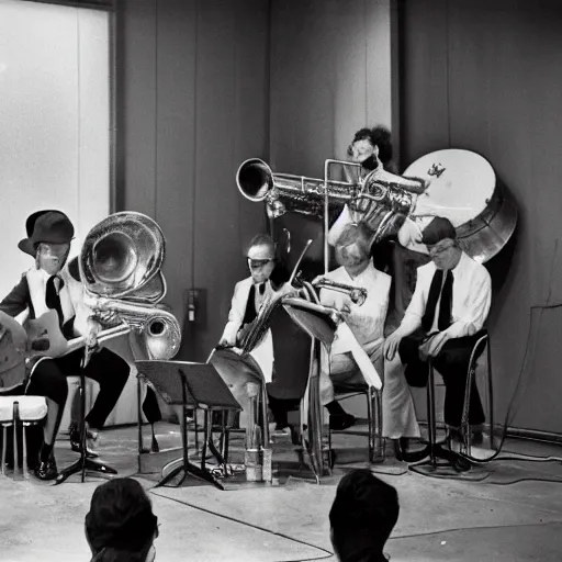 Image similar to Minions playing in a jazz band, 80s photography