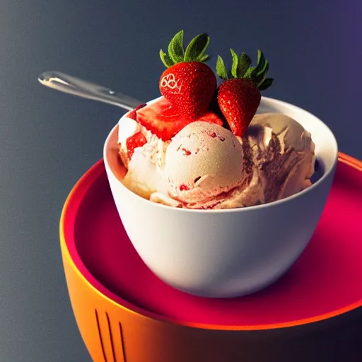 Image similar to a bowl of strawberries next to a can of ice cream, a still life by dahlov ipcar, pinterest contest winner, kitsch movement, vray tracing, y 2 k aesthetic, octane render