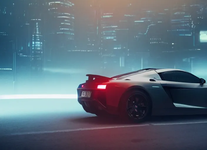 Prompt: Bladerunner 2049 scene front view sports car in small garage dark atmospheric volumetric lighting grungy moody dark cinematic Roger Deakins Cinematography futuristic cyberpunk car GTR NSX Audi R8 S14 Evo X Z06 ikuo maeda Newton Thomas Sigel bladerunner 2049 screen cap still