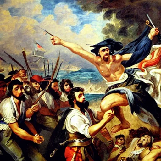 Image similar to a painting of a facebook engineer programming a continuous integration system in the style of delacroix\'s liberty leading the people