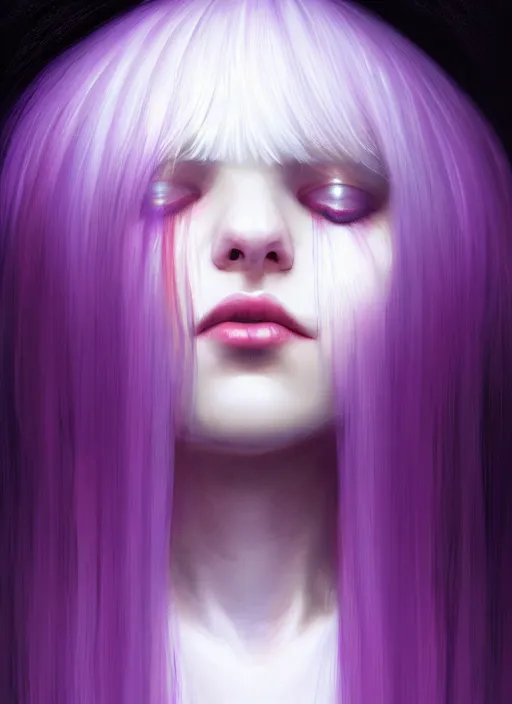 Image similar to hair whitebangs hair, black hair, whitebangs, portrait of teenage girl with white bangs, red irises, purple clothes, white bangs, bangs are different color from hair, intricate, elegant, glowing lights, highly detailed, digital painting, artstation, concept art, smooth, sharp focus, illustration, art by wlop, mars ravelo and greg rutkowski