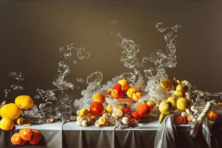 Prompt: Still life of beautiful translucent transparent plastic pillars of twisted pastel smoke, floating drops of backlit water, still life with fruit and bones, rococo, baroque, 8k photorealistic, studio lighting, chiaroscuro, Caravaggio, Rembrandt