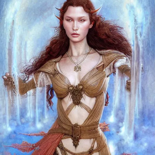 Prompt: bella hadid as maiden elf by alan lee and john howe, full body, intricate, highly detailed, digital painting, mucha, artstation, concept art, smooth, sharp focus, illustration, vfx