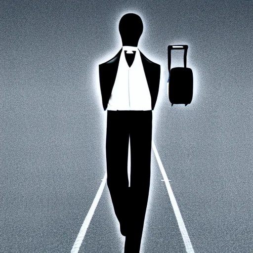 Prompt: A long tall man with white eyes, black skin, and a white suit and tie walking with a briefcase, Photorealistic, Bokeh, 3D, coherent