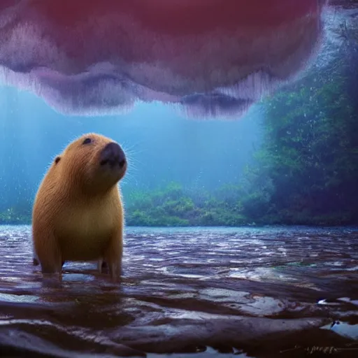 Image similar to Capybara swimming in a lake in a mushroom forest, digital art, psychedelic, by WLOP, by Artgerm, by Greg Rutkowski, volumetrics, octane render