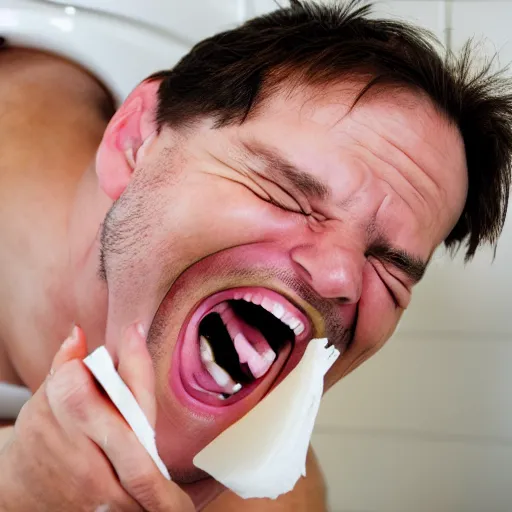 Prompt: a photo of a man maniacally laughing at a roll of toilet paper, realistic, high definition