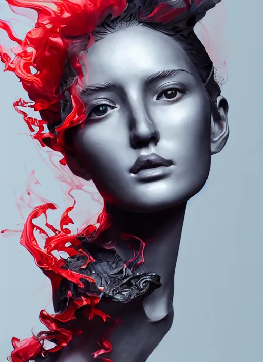 Image similar to sculpture made of flame, portrait, female, future, torch, fire, harper's bazaar, vogue, fashion magazine, intricate, concept art, close up, ornate, luxury, elite, elegant, trending on artstation, by ruan jia, by Kenneth Willardt, by ross tran, by WLOP, by Andrei Riabovitchev,