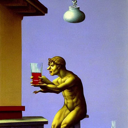 Image similar to a gargoyle offers you a drink by Raphael, Hopper, and Rene Magritte. detailed, romantic, enchanting, trending on artstation.