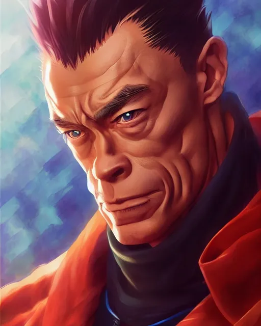 Image similar to anime portrait of Jean Claude van Damme as an anime man by Stanley Artgerm Lau, WLOP, Rossdraws, James Jean, Andrei Riabovitchev, Marc Simonetti, and Sakimichan, trending on artstation