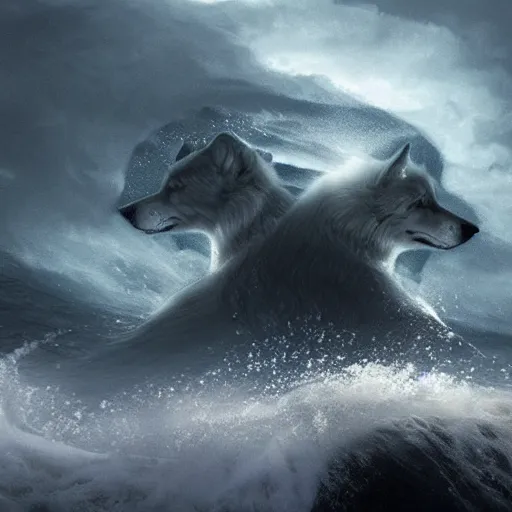 Prompt: of an ocean storm waves ’ form a shape of a wolves face and the wolves eyes are two beams of light epic cinematic lighting detailed